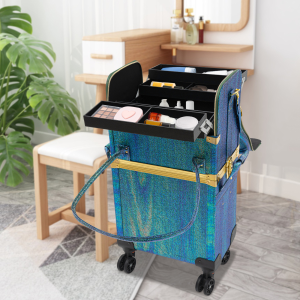 Maletín de maquillaje rodante, Trolley maletín de maquillaje profesional, Movimiento flexible, 36.5*24*74cm, Verde