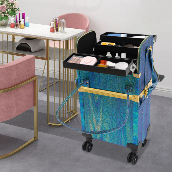 Maletín de maquillaje rodante, Trolley maletín de maquillaje profesional, Movimiento flexible, 36.5*24*74cm, Verde