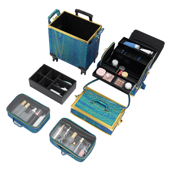 Maletín de maquillaje rodante, Trolley maletín de maquillaje profesional, Movimiento flexible, 36.5*24*74cm, Verde