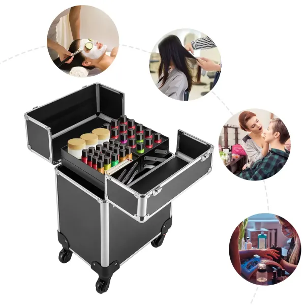 Maletín de maquillaje con asa para peluquería, caja de aluminio con luces Pro-maquillaje, maletín multiusos, con 4 ruedas universales, Negro