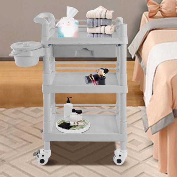Carro de belleza de 3 niveles, carro de belleza, carro de salón con cajón y cubo de basura, Gris