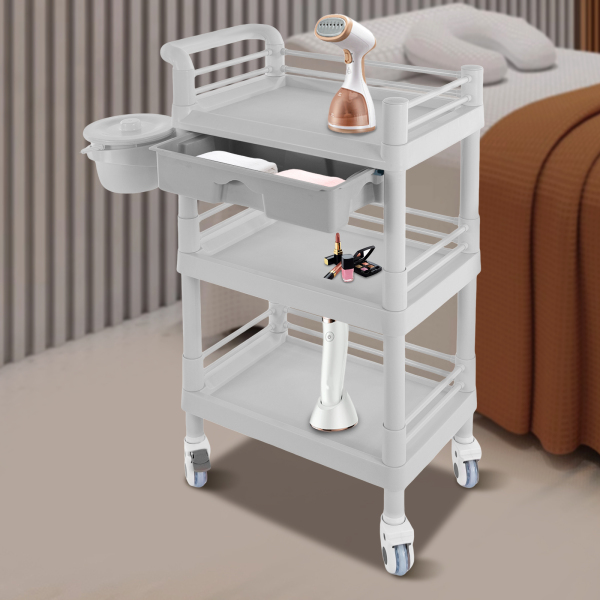 Carro de belleza de 3 niveles, carro de belleza, carro de salón con cajón y cubo de basura, Gris