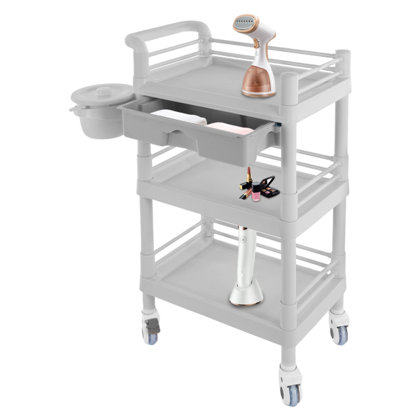 Carro de belleza de 3 niveles, carro de belleza, carro de salón con cajón y cubo de basura, Gris