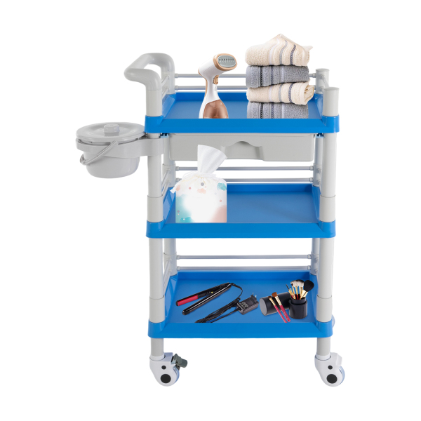 Carro de belleza de 3 niveles, carro de belleza, carro de salón con cajón y cubo de basura, Azul