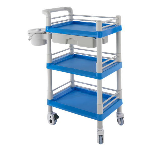 Carro de belleza de 3 niveles, carro de belleza, carro de salón con cajón y cubo de basura, Azul