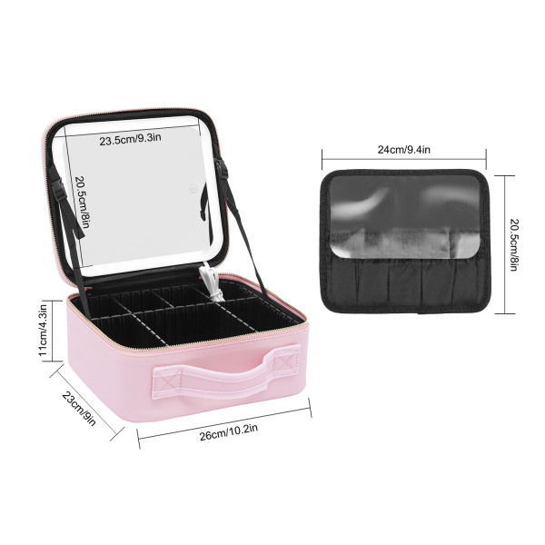 Neceser con gran espejo iluminado, luces de 3 colores, brillo ajustable, divisores ajustables