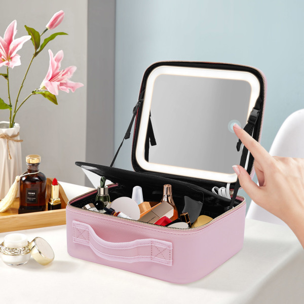 Neceser con gran espejo iluminado, luces de 3 colores, brillo ajustable, divisores ajustables Neceser con gran espejo iluminado, luces de 3 colores, brillo ajustable, divisores ajustables