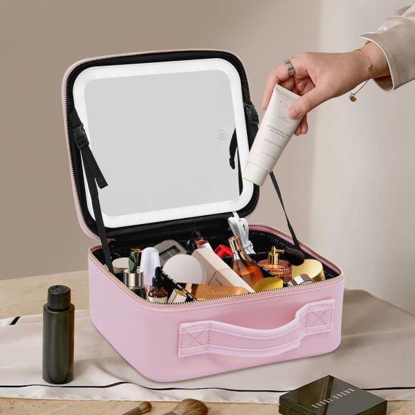 Neceser con gran espejo iluminado, luces de 3 colores, brillo ajustable, divisores ajustables