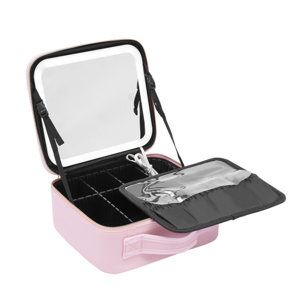 Neceser con gran espejo iluminado, luces de 3 colores, brillo ajustable, divisores ajustables