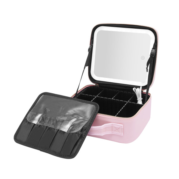 Neceser con gran espejo iluminado, luces de 3 colores, brillo ajustable, divisores ajustables