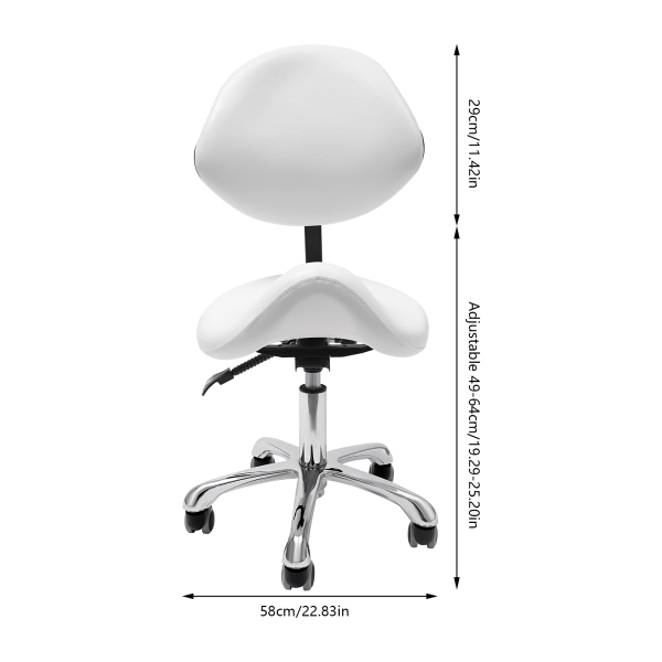 Taburete de silla de montar, Taburete de silla de montar ajustable, 5 ruedas, Blanco