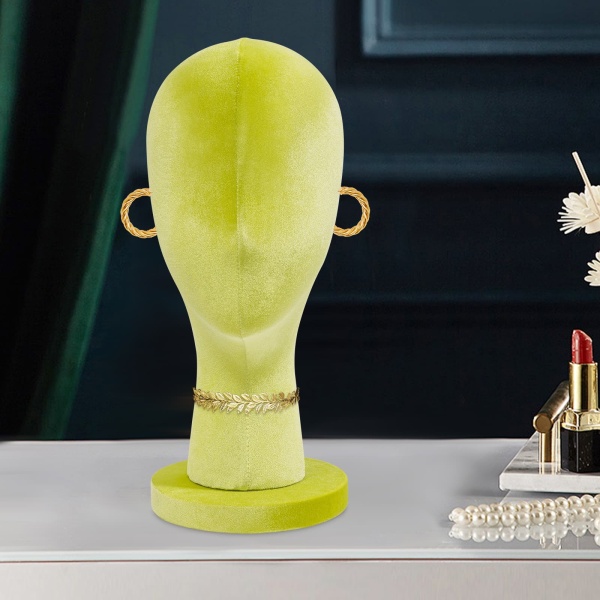 Cabeza de maniquí de base redonda de terciopelo, modelo corto, verde fluorescente, cabeza de maniquí femenino, cabeza de maniquí, utilizada para exhibir pelucas y sombreros.