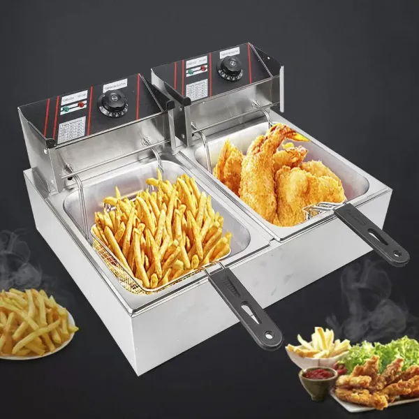 Freidora eléctrica de acero inoxidable de calidad de 5000 W, 6L+6L con cesta y tapa (para patatas fritas, pollo asado) Potencia trifásica