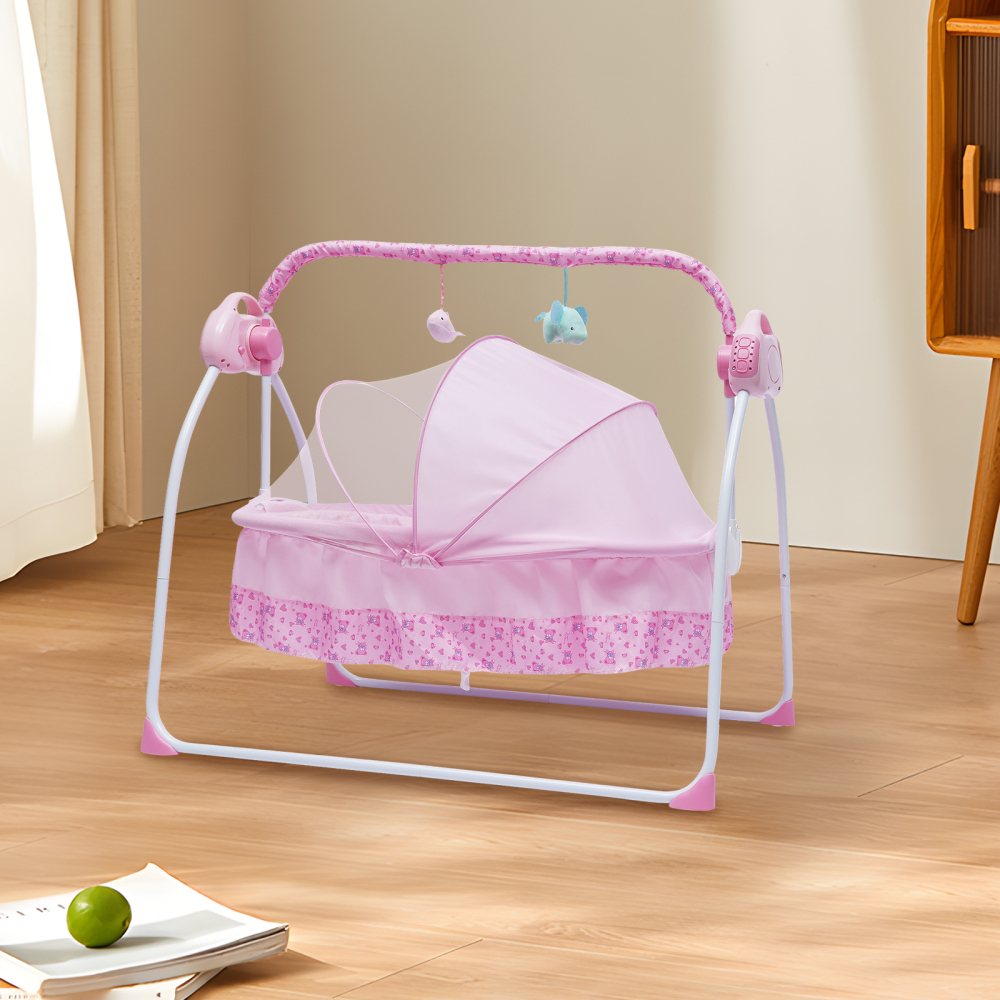 Cuna Eléctrica para Bebé de Carga 0-25Kg, Cuna Mecedora para Bebé con Bluetooth, Cama Oscilante Automática de 90*50 cm (Rosa)