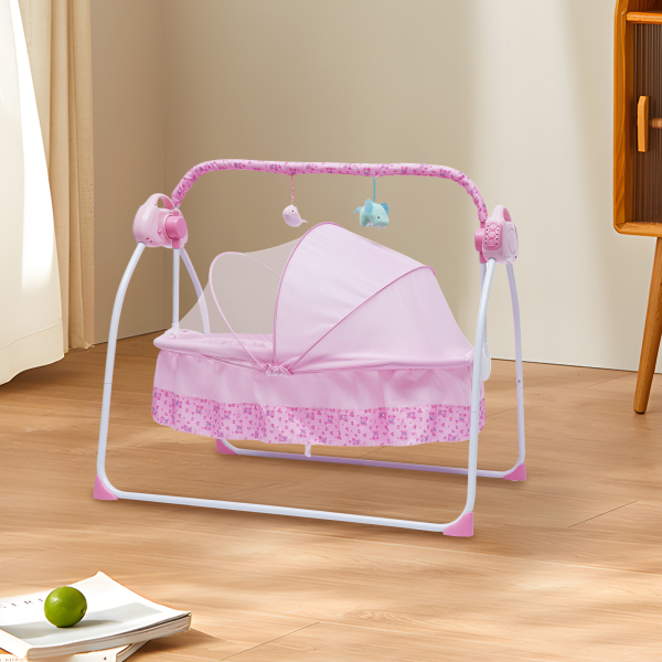 Cuna Eléctrica para Bebé de Carga 0-25Kg, Cuna Mecedora para Bebé con Bluetooth, Cama Oscilante Automática de 90*50 cm (Rosa)