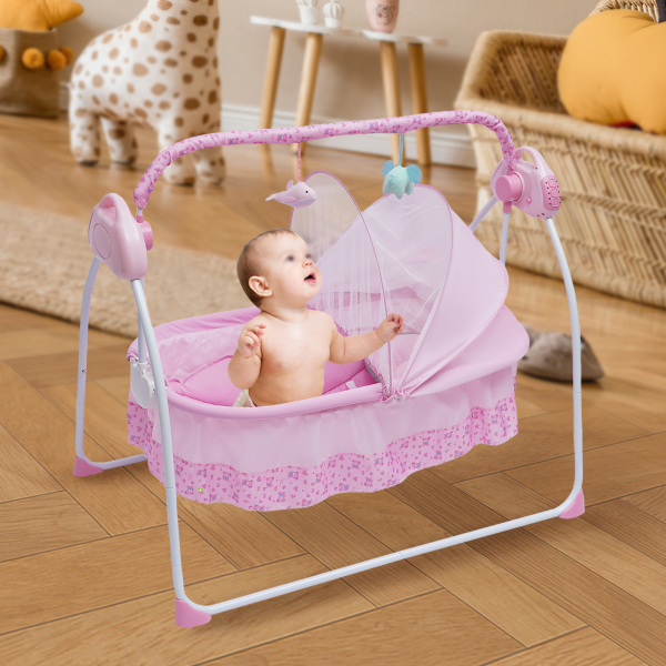 Cuna Eléctrica para Bebé de Carga 0-25Kg, Cuna Mecedora para Bebé con Bluetooth, Cama Oscilante Automática de 90*50 cm (Rosa)
