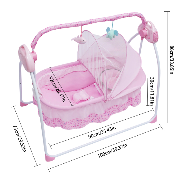 Cuna Eléctrica para Bebé de Carga 0-25Kg, Cuna Mecedora para Bebé con Bluetooth, Cama Oscilante Automática de 90*50 cm (Rosa)