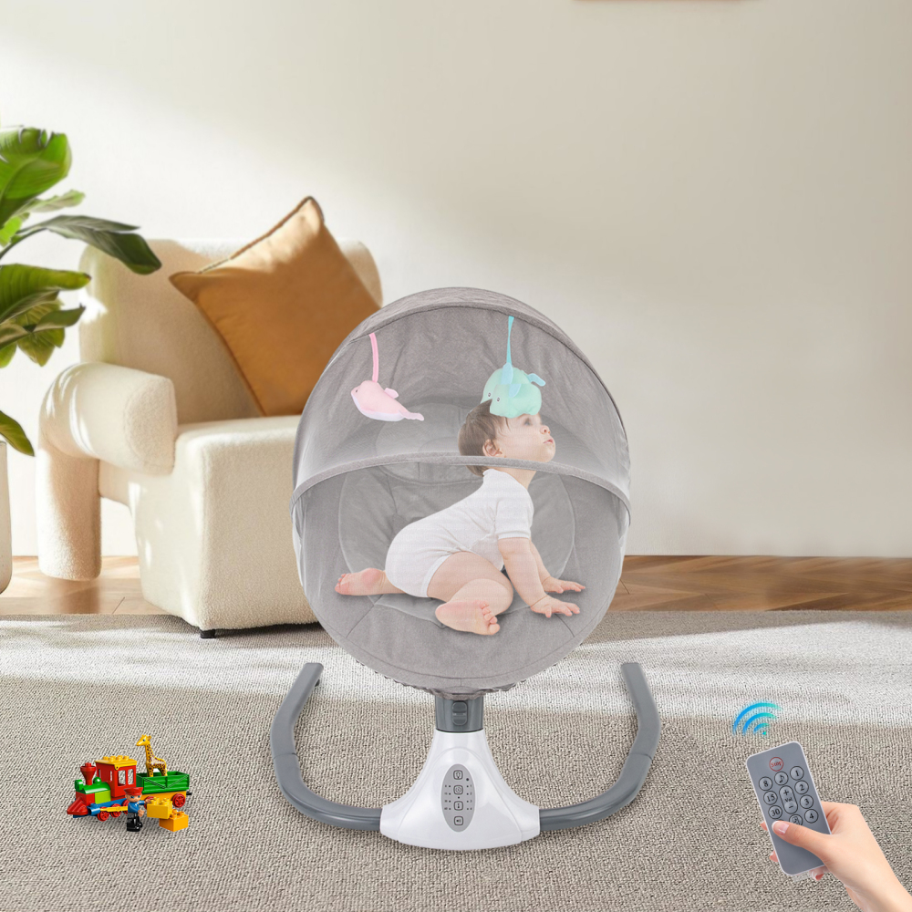 Balancín eléctrico para bebés de 0 a 12 meses, plegable, extraíble y lavable, Bluetooth, mando a distancia, mosquitera, gris