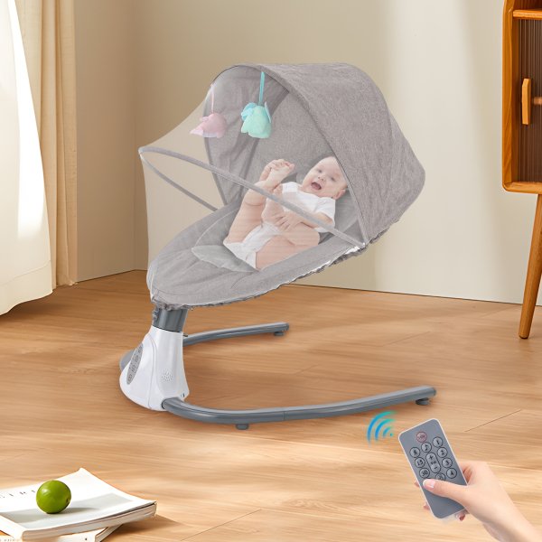 Balancín eléctrico para bebés de 0 a 12 meses, plegable, extraíble y lavable, Bluetooth, mando a distancia, mosquitera, gris