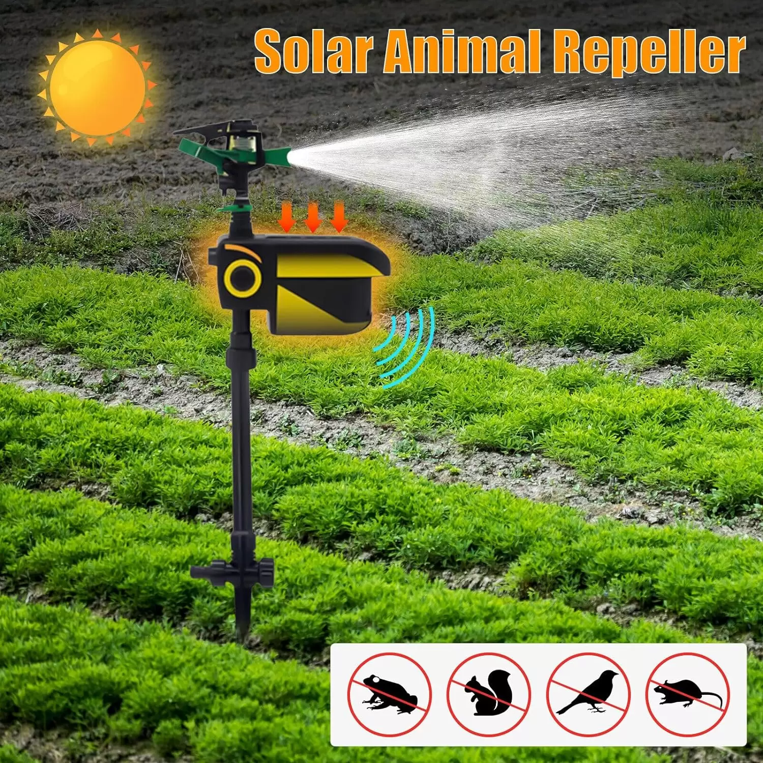Ahuyentador solar de animales, aspersor de agua, sensor de espantapájaros, detector de movimiento, resistente a la intemperie, alcance de 30 pies