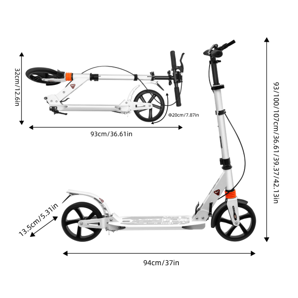 Patinete plegable para adultos y niños, con suspensión, ruedas de 200 mm, altura regulable, con freno de mano y pie, color blanco，No eléctrico