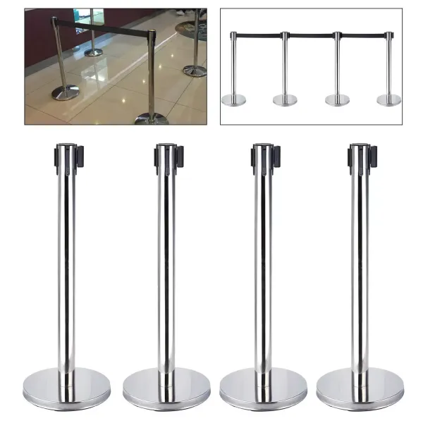 4 postes de barrera de acero inoxidable con 2m de correa retráctil, 90cm,postes de barrera, sistema de guía personal para exposiciones en aeropuertos.
