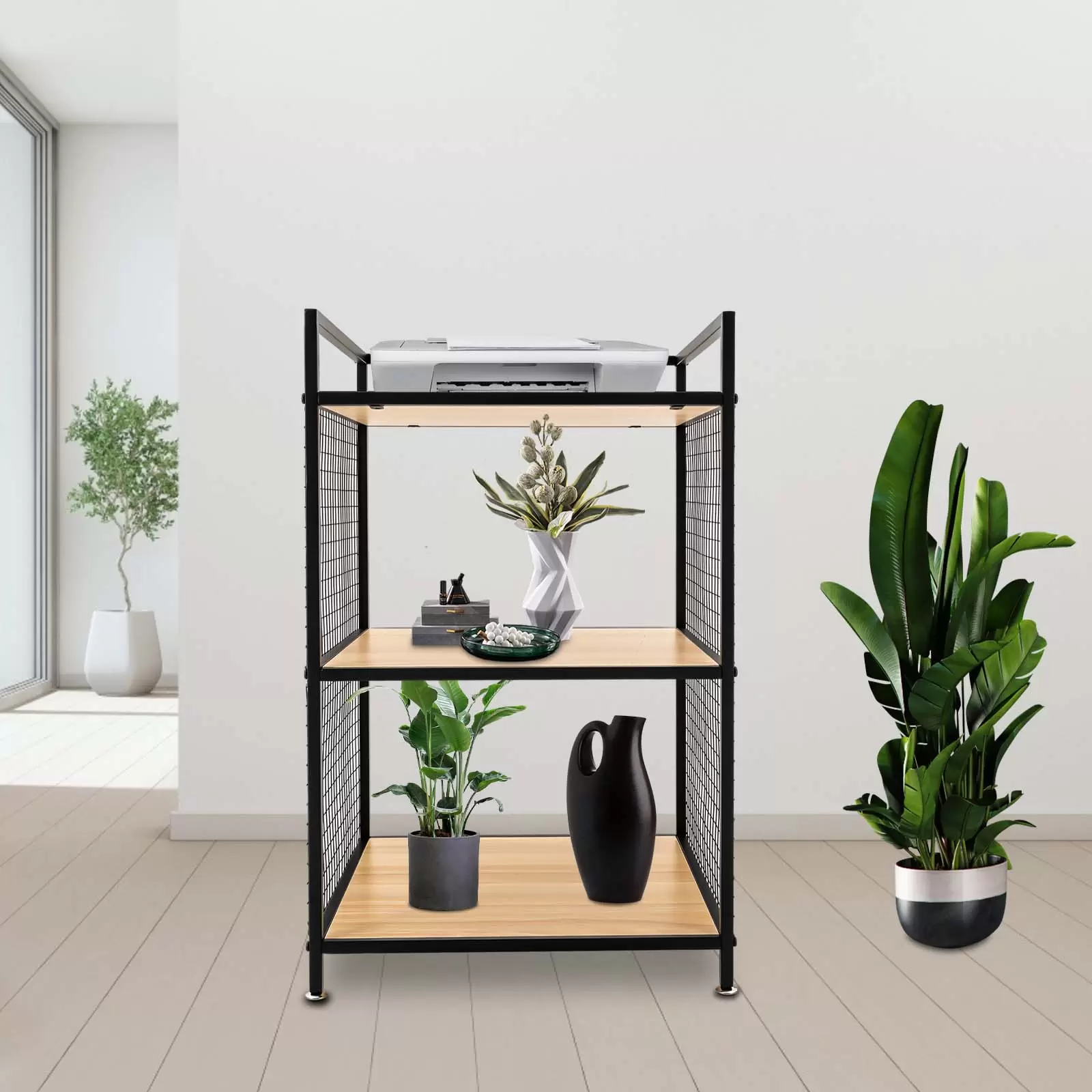 Mesa para impresora con soporte de 3 niveles, marco de metal, para fotocopiadora, escáner, con malla de metal, color negro