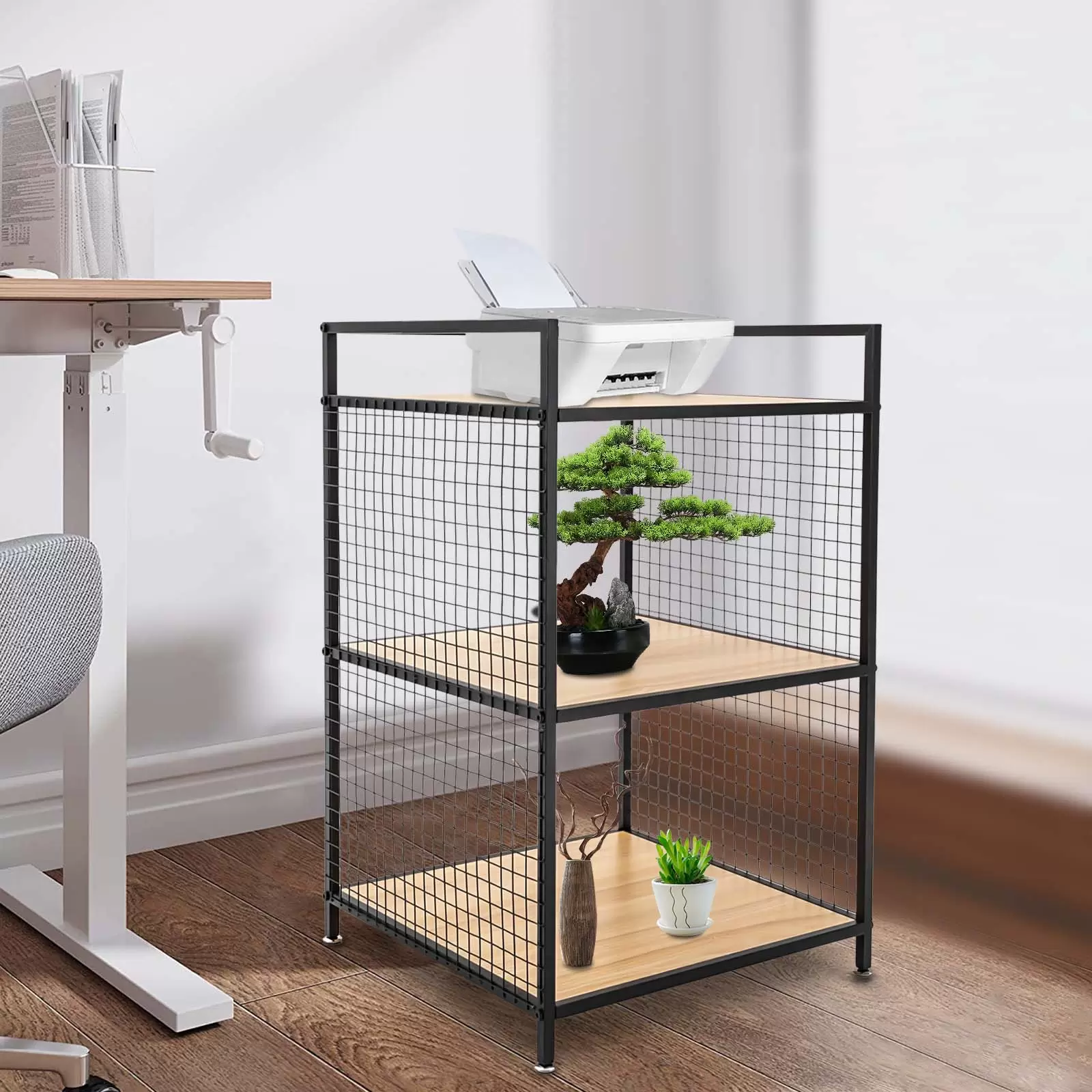Mesa para impresora con soporte de 3 niveles, marco de metal, para fotocopiadora, escáner, con malla de metal, color negro