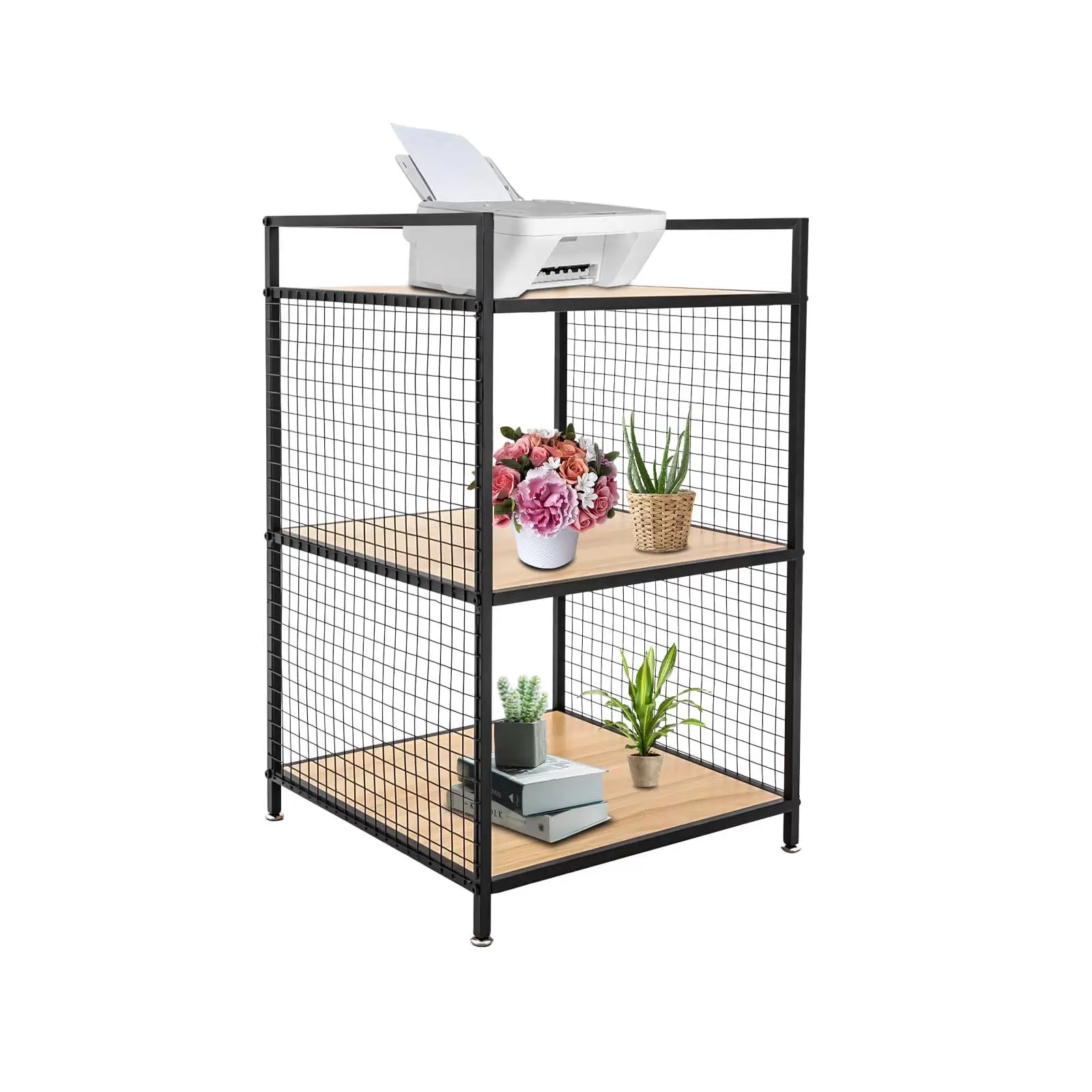 Mesa para impresora con soporte de 3 niveles, marco de metal, para fotocopiadora, escáner, con malla de metal, color negro