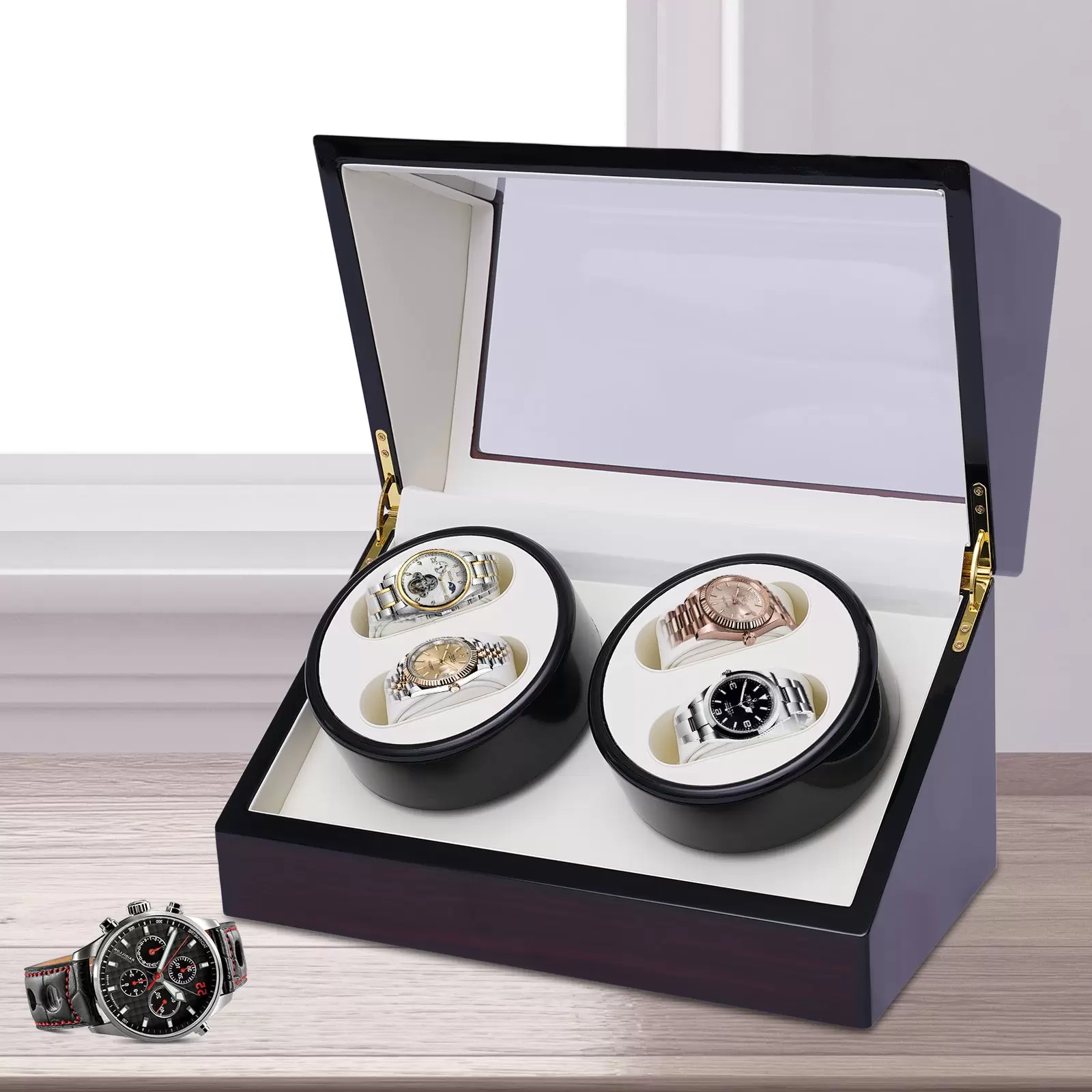 Caja giratoria para relojes automáticos, para 4 relojes, caja para guardar gafas, presentación con escaparate