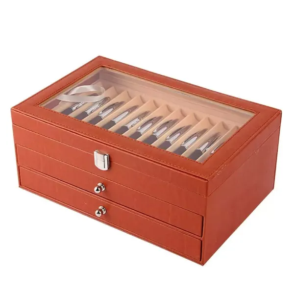 Estuche portalápices con vitrina para 36 bolígrafos, de piel sintética con ventana de cristal, color naranja, 36 lápices