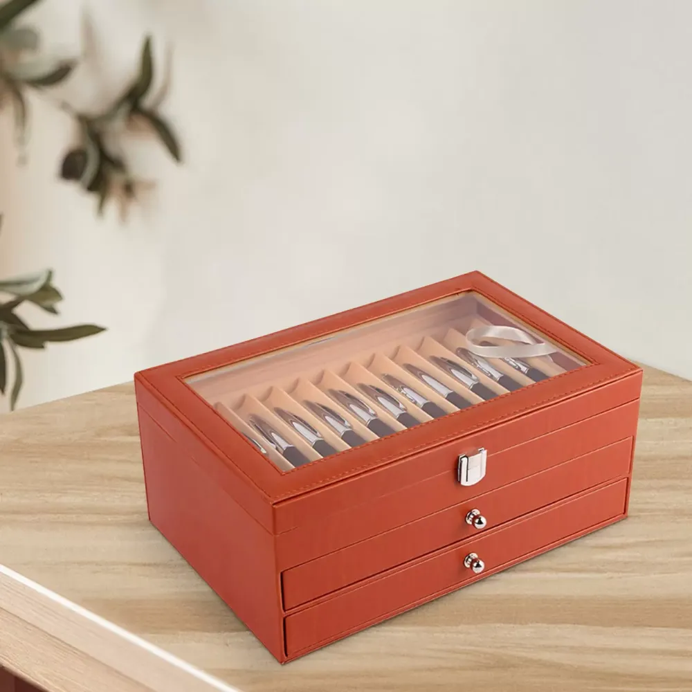 Estuche portalápices con vitrina para 36 bolígrafos, de piel sintética con ventana de cristal, color naranja, 36 lápices