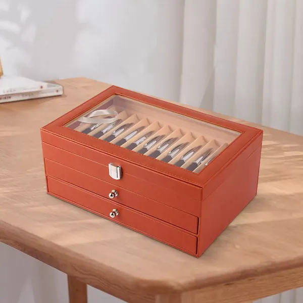 Estuche portalápices con vitrina para 36 bolígrafos, de piel sintética con ventana de cristal, color naranja, 36 lápices