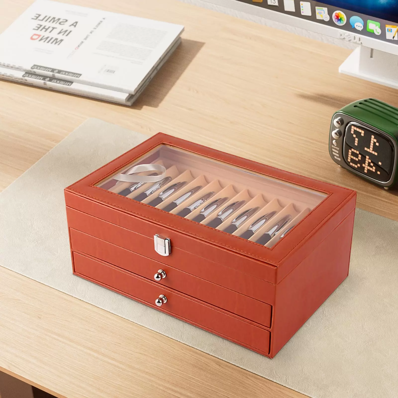 Estuche portalápices con vitrina para 36 bolígrafos, de piel sintética con ventana de cristal, color naranja, 36 lápices