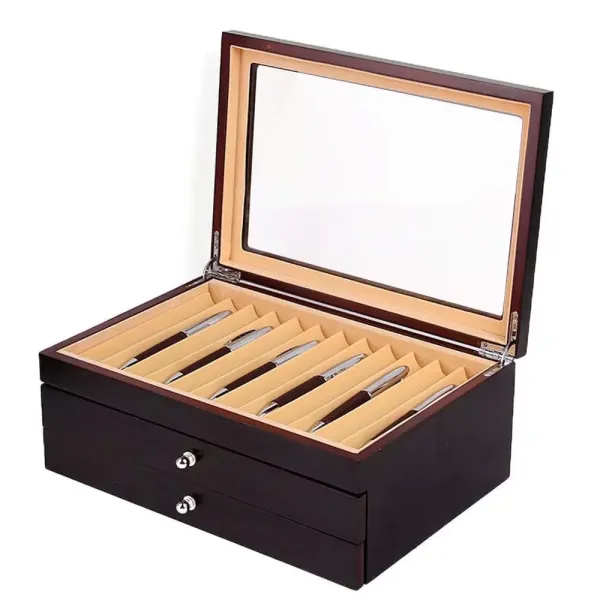 Caja expositora de 3 capas de madera para 34 bolígrafos, color negro
