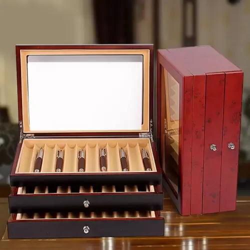 Vitrina de madera de 3 capas, pluma estilográfica, vitrina de almacenamiento para 34 ranuras