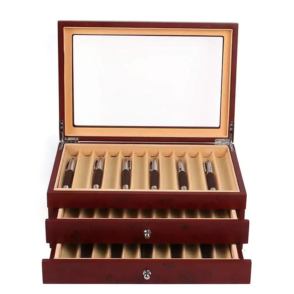 Vitrina de madera de 3 capas, pluma estilográfica, vitrina de almacenamiento para 34 ranuras