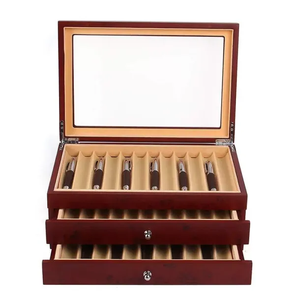 Vitrina de madera de 3 capas, pluma estilográfica, vitrina de almacenamiento para 34 ranuras Vitrina de madera de 3 capas, pluma estilográfica, vitrina de almacenamiento para 34 ranuras