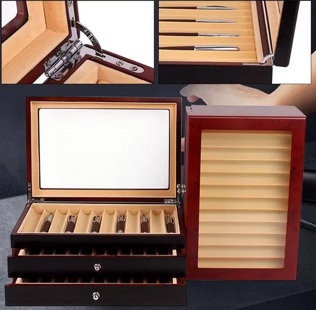 Vitrina de madera de 3 capas, pluma estilográfica, vitrina de almacenamiento para 34 ranuras