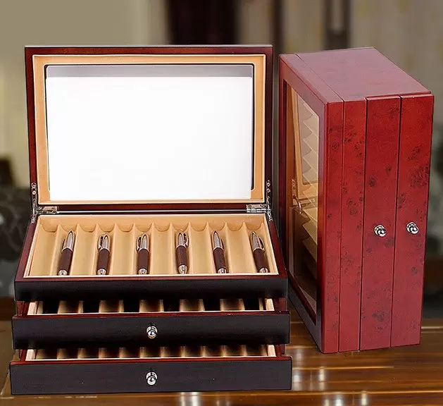 Vitrina de madera de 3 capas, pluma estilográfica, vitrina de almacenamiento para 34 ranuras