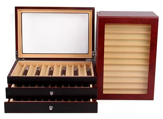 Vitrina de madera de 3 capas, pluma estilográfica, vitrina de almacenamiento para 34 ranuras
