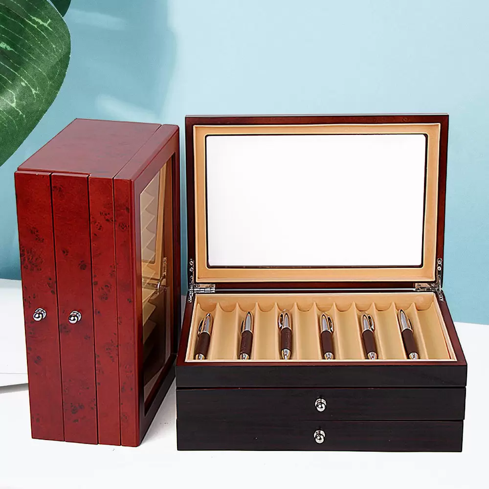 Vitrina de madera de 3 capas, pluma estilográfica, vitrina de almacenamiento para 34 ranuras