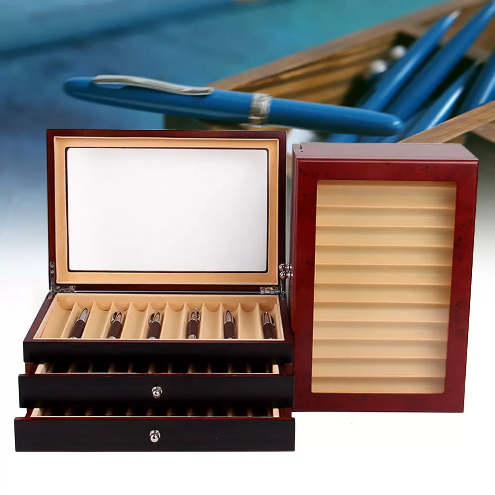 Vitrina de madera de 3 capas, pluma estilográfica, vitrina de almacenamiento para 34 ranuras