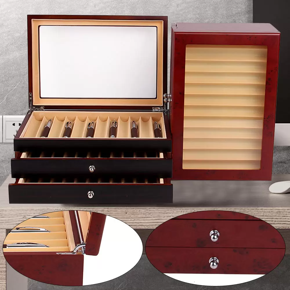 Vitrina de madera de 3 capas, pluma estilográfica, vitrina de almacenamiento para 34 ranuras