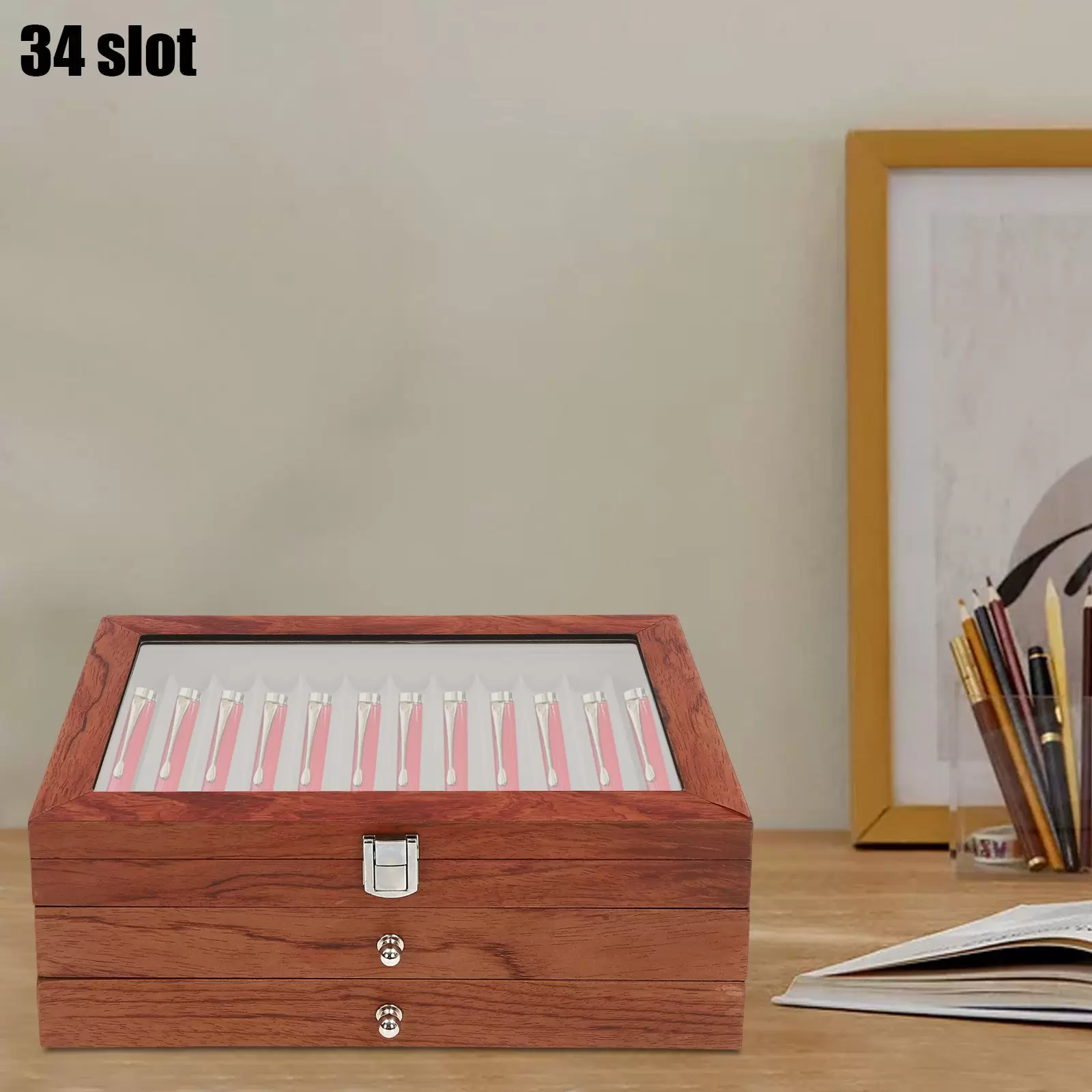 Caja portalápices con vitrina- 3 capas- vitrina de madera(madera de rosa)