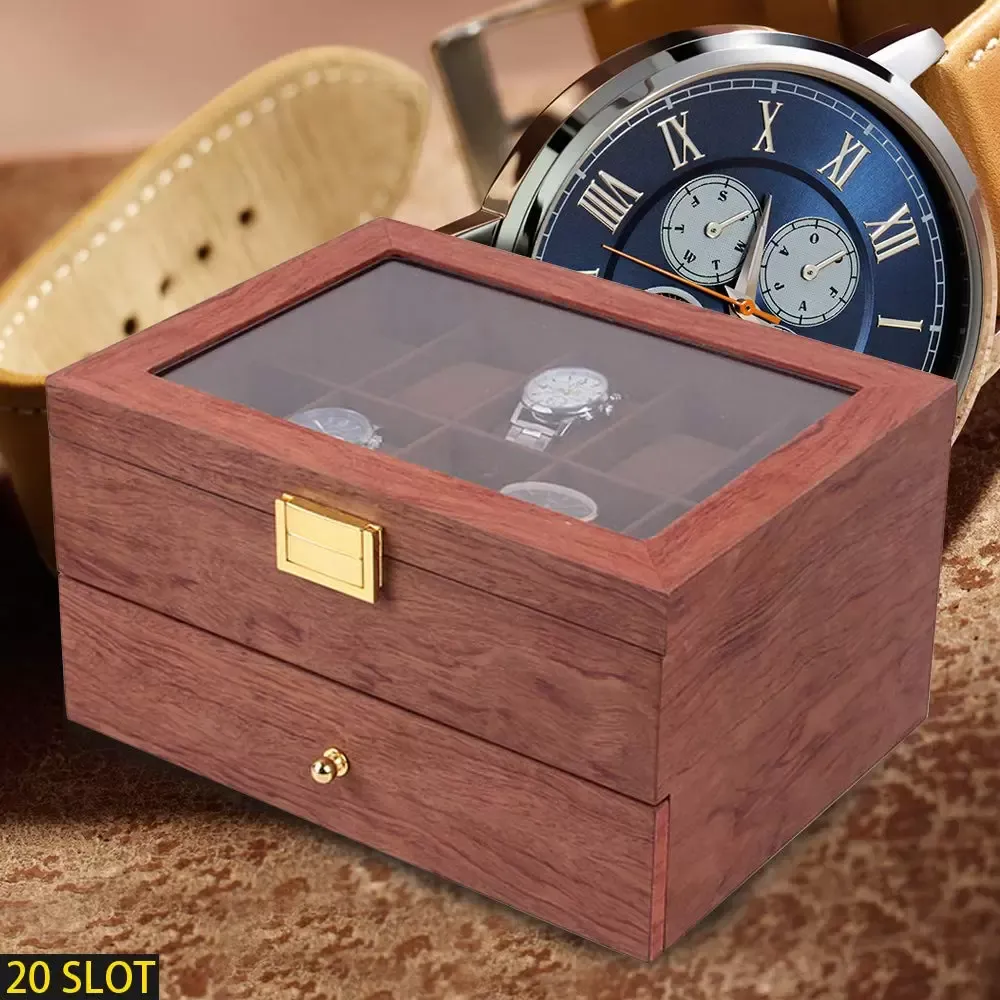Elegante caja de madera de doble capa para 20 relojes, organizador de relojes con cajón, palisandro