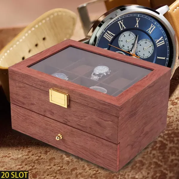 Elegante caja de madera de doble capa para 20 relojes, organizador de relojes con cajón, palisandro