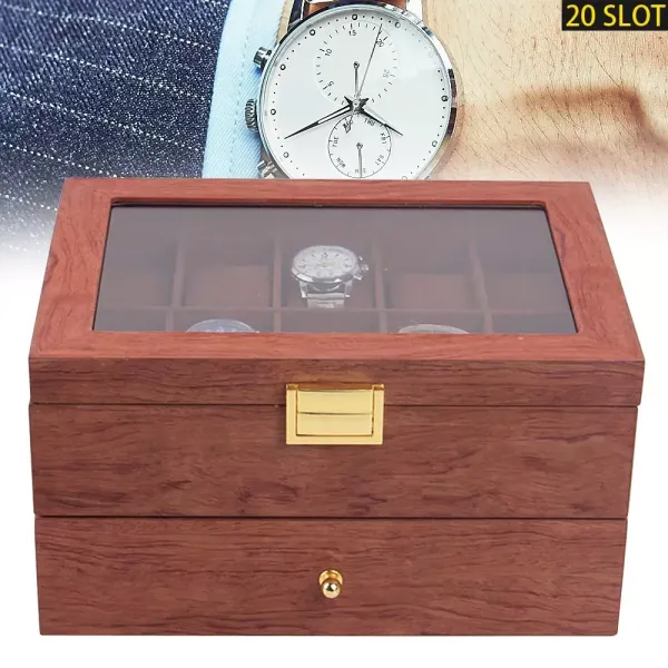 Elegante caja de madera de doble capa para 20 relojes, organizador de relojes con cajón, palisandro