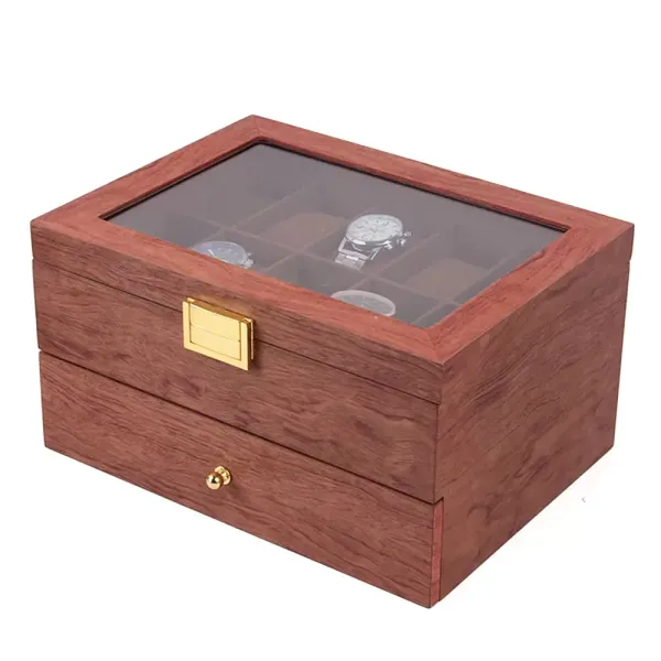 Elegante caja de madera de doble capa para 20 relojes, organizador de relojes con cajón, palisandro