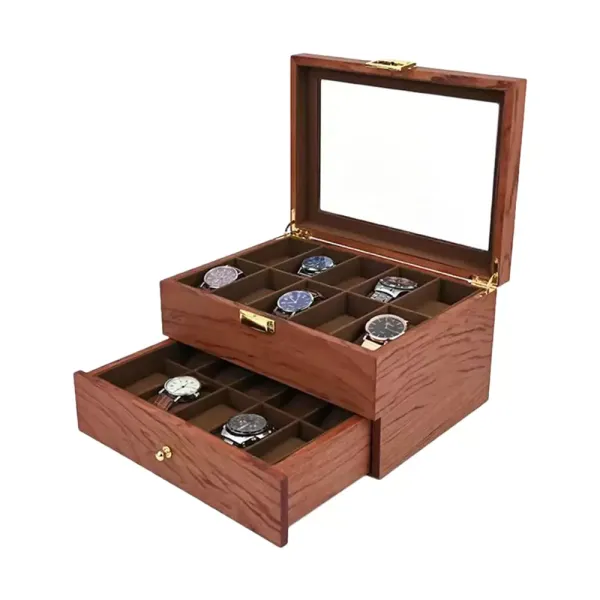Elegante caja de madera de doble capa para 20 relojes, organizador de relojes con cajón, palisandro